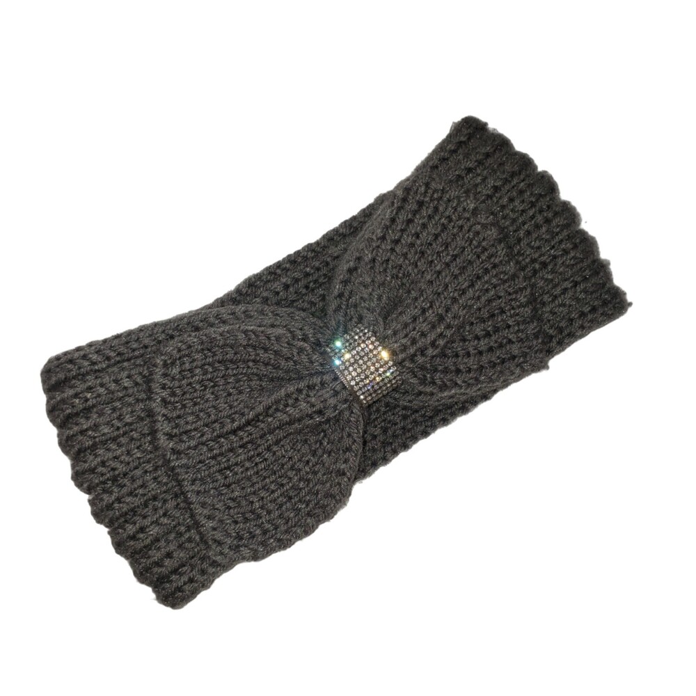 Gray Crochet Headband with Rhinestone Detail Bow